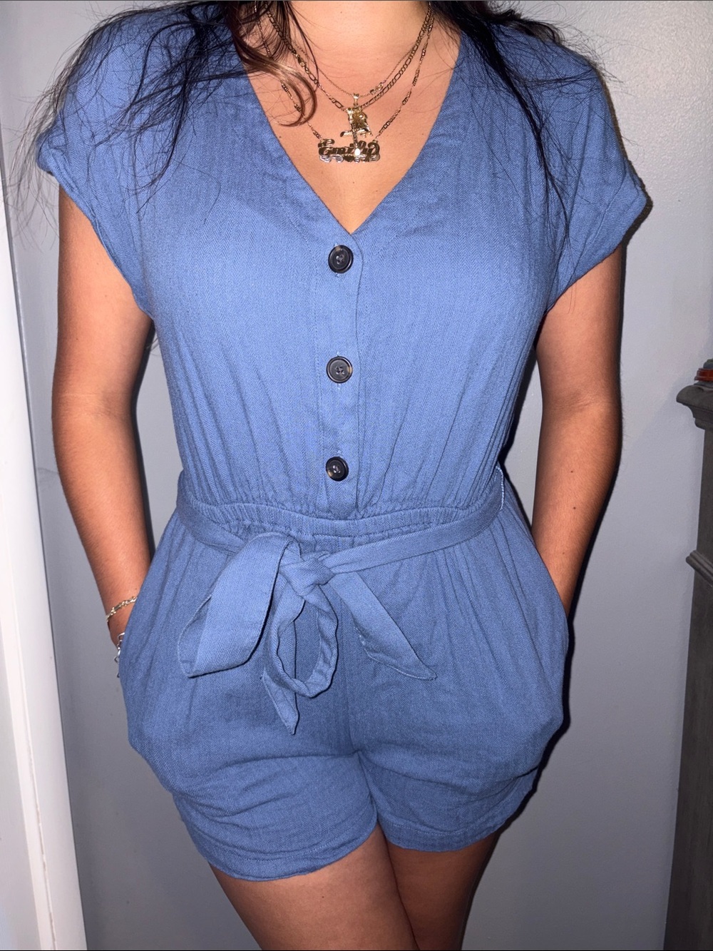 SHEIN Blue V-Neck Button-Front Tie-Waist Romper